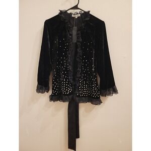Alexandra Rosati Open Cardigan Womens M Black Velvet Studded Goth Glam Ruffle